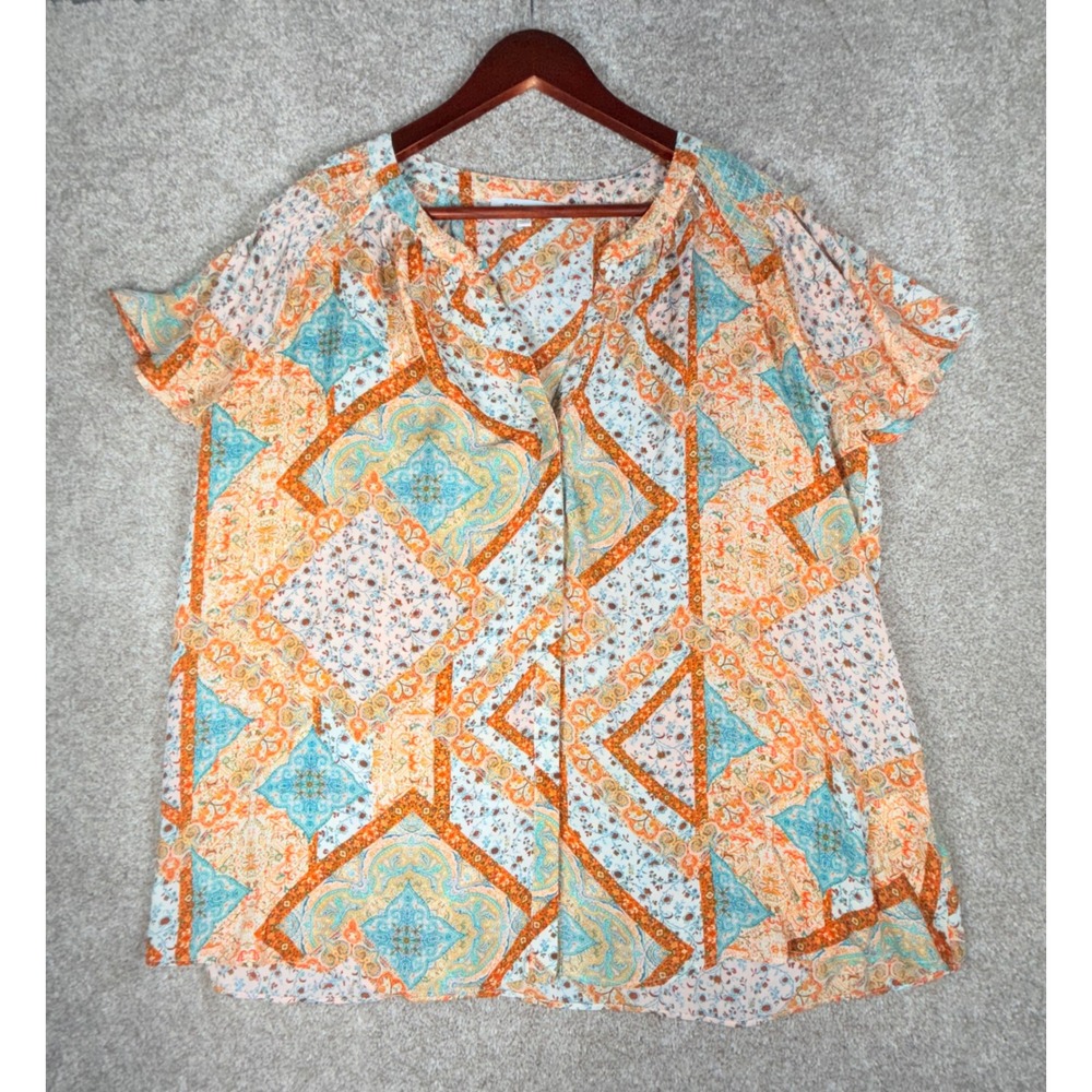 Rose + Olive Women's 2X Multicolor Geometric Print Button Up Short Sleeve Top